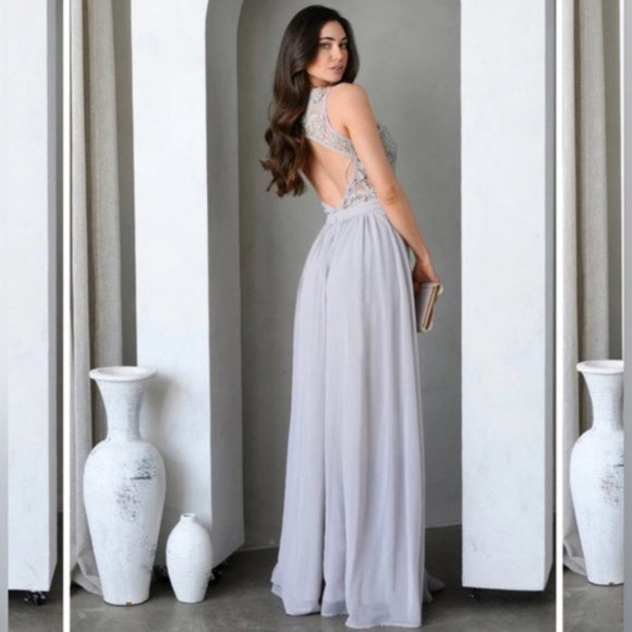 Maniju Lulus Savannah Nights Sleeveless Open Back Gown Maxi Dress Grey Gray New - Picture 7 of 16
